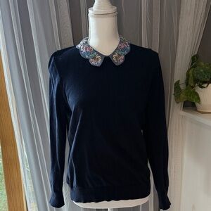Boden Navy Sweater with Floral Embroidered Peter Pan Collar